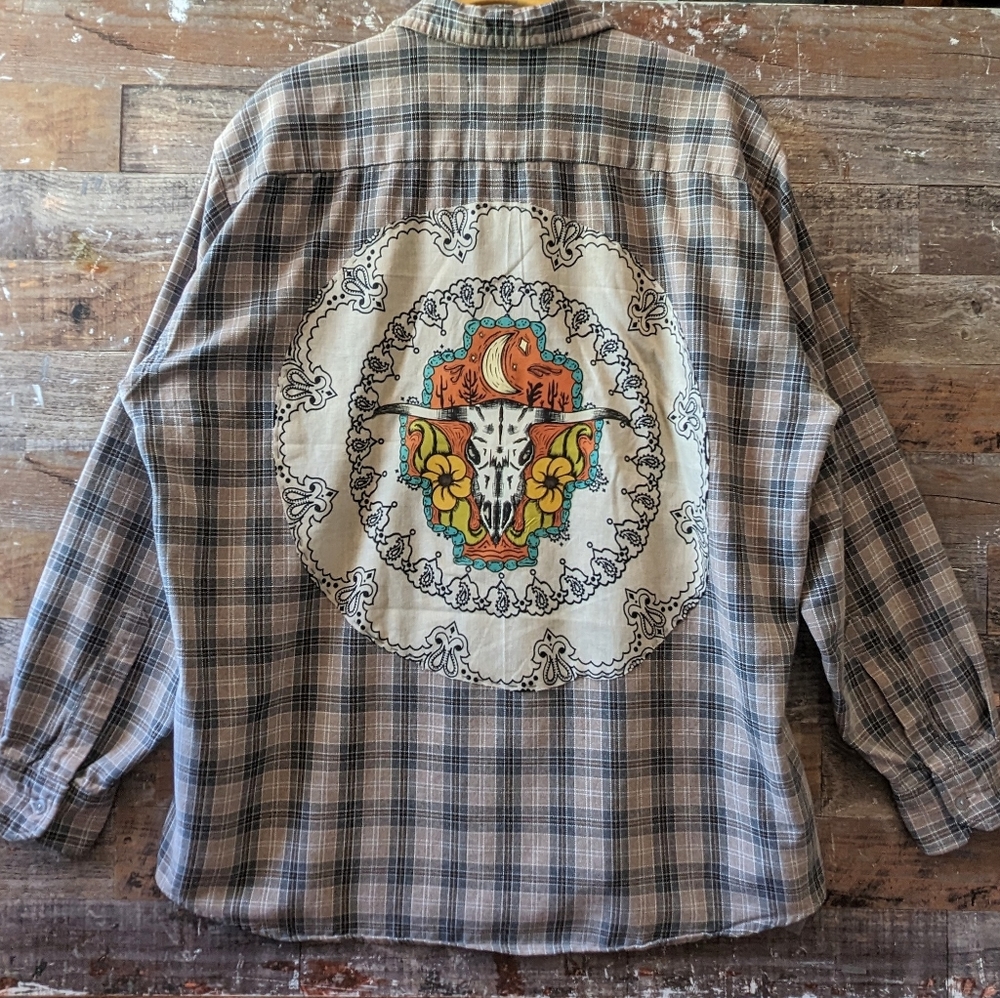 Sale! NWT Upcycled Handcrafted Boho Western Bull Dip Dyed Bleached Flannel Shirt